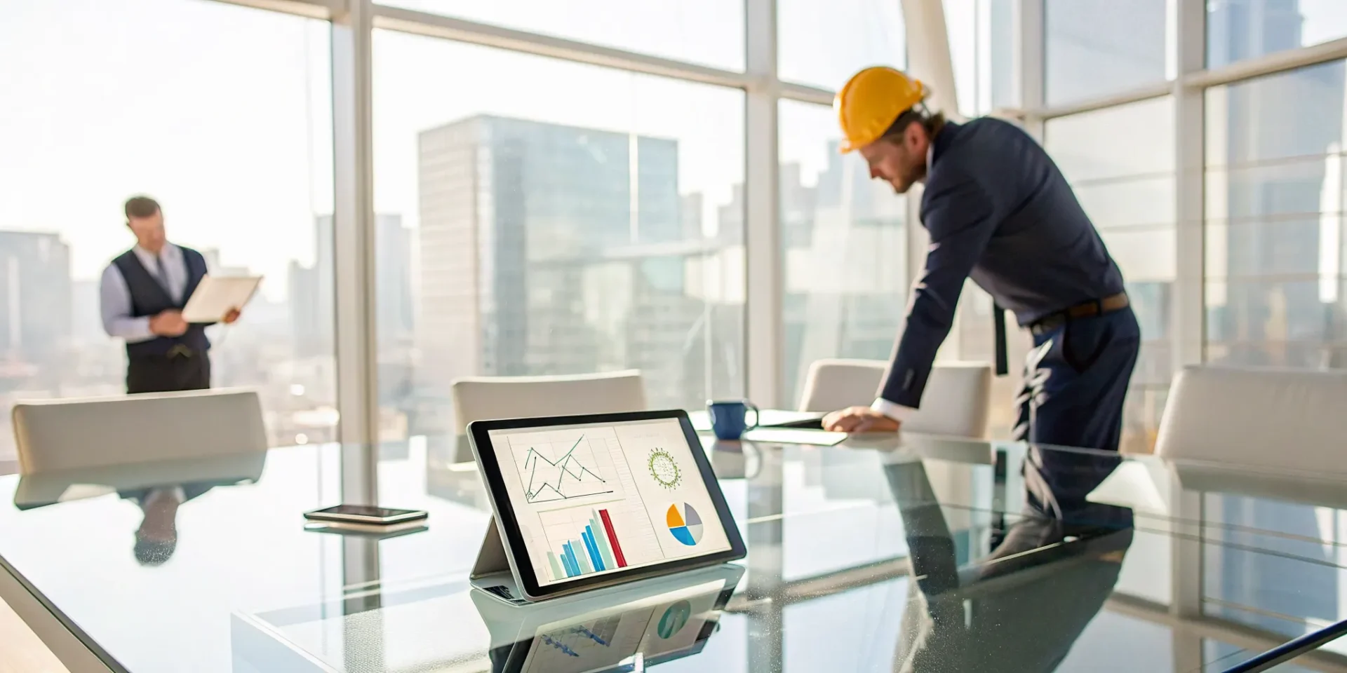 Two professionals discussing a quote for an electrical maintenance contract on a tablet.