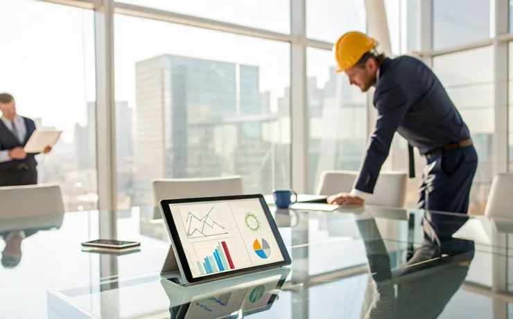 Two professionals discussing a quote for an electrical maintenance contract on a tablet.