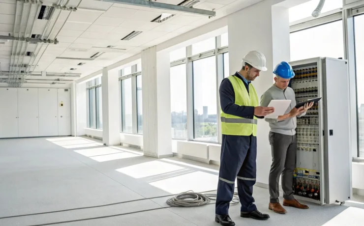 Commercial electrician hired for an office build-out reviews electrical plans with a colleague.