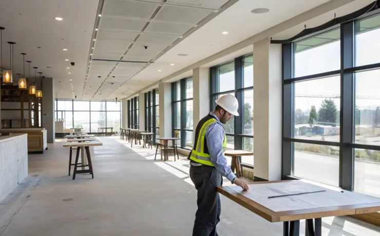 Restaurant electrical contractor reviewing plans for new construction.