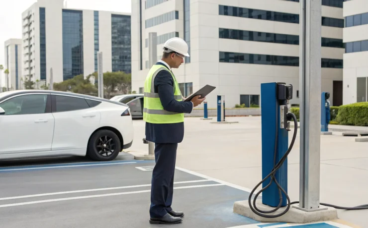 Electric vehicle charging station installer assessing a site for installation.