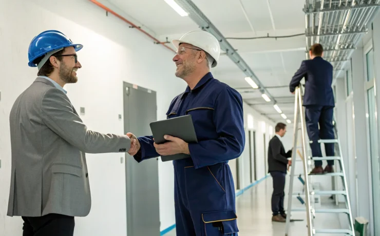 Electrical contractors for an apartment building shake hands after agreeing on a project.
