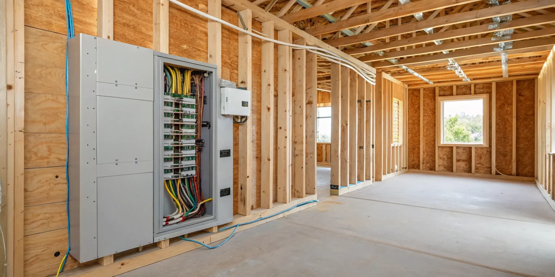 New home electrical wiring and breaker panel installation during construction in Portland.