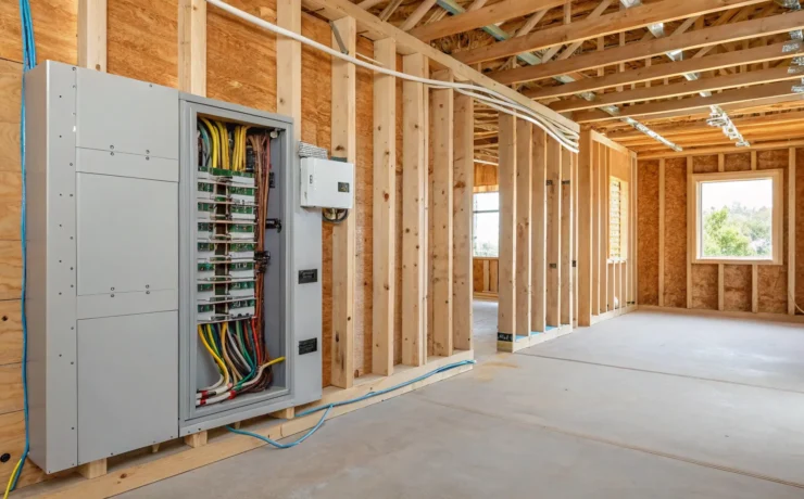 New home electrical wiring and breaker panel installation during construction in Portland.