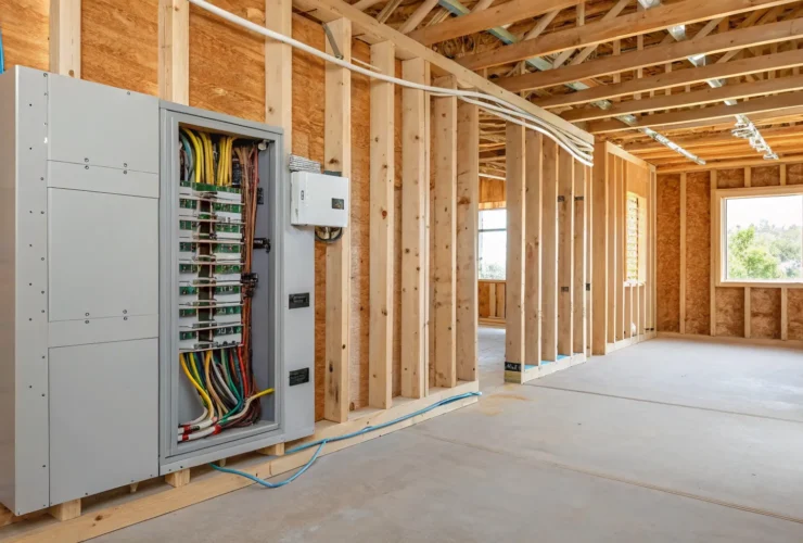 New home electrical wiring and breaker panel installation during construction in Portland.