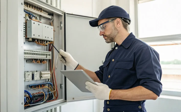 Licensed residential electrician in Tigard inspecting a home electrical panel.