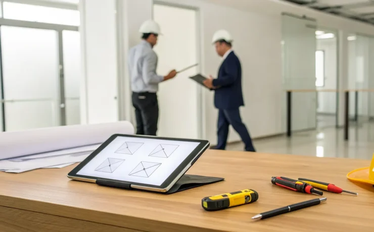 A contractor and a small business owner discussing an electrical maintenance contract over blueprints and a tablet.