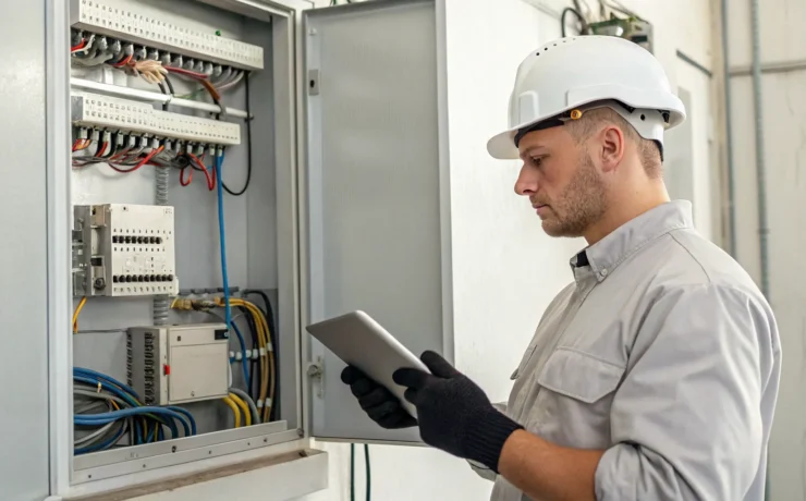 Electrician calculating the cost to replace an old electrical panel and wiring.