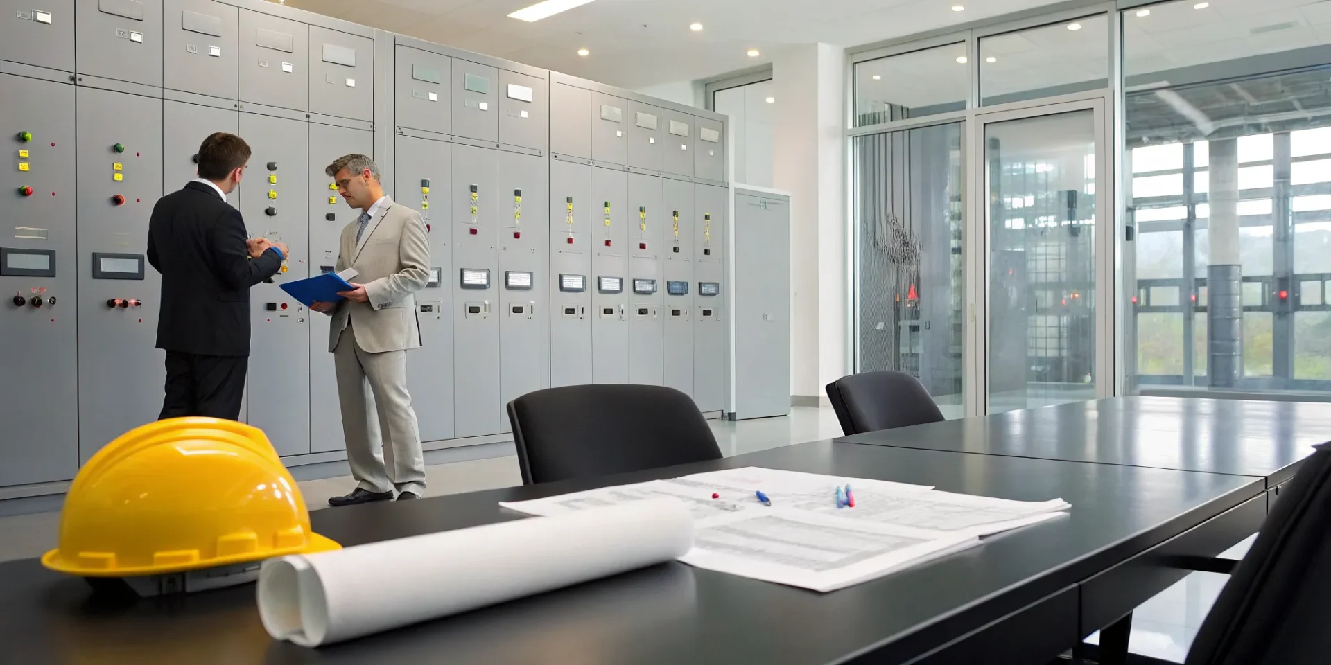 Engineers plan commercial electrical maintenance with a contract and blueprints in a control room.