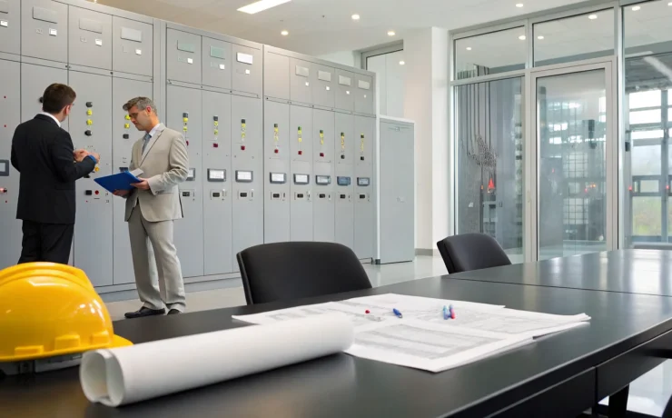 Engineers plan commercial electrical maintenance with a contract and blueprints in a control room.