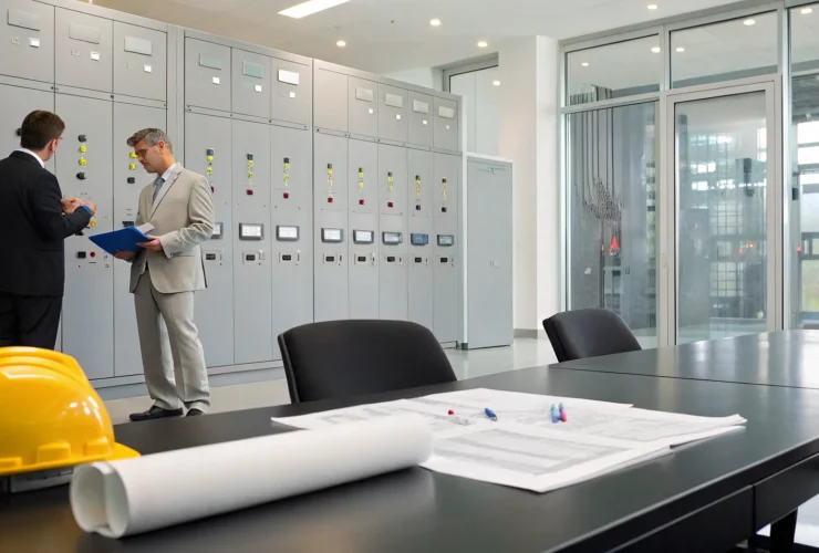 Engineers plan commercial electrical maintenance with a contract and blueprints in a control room.
