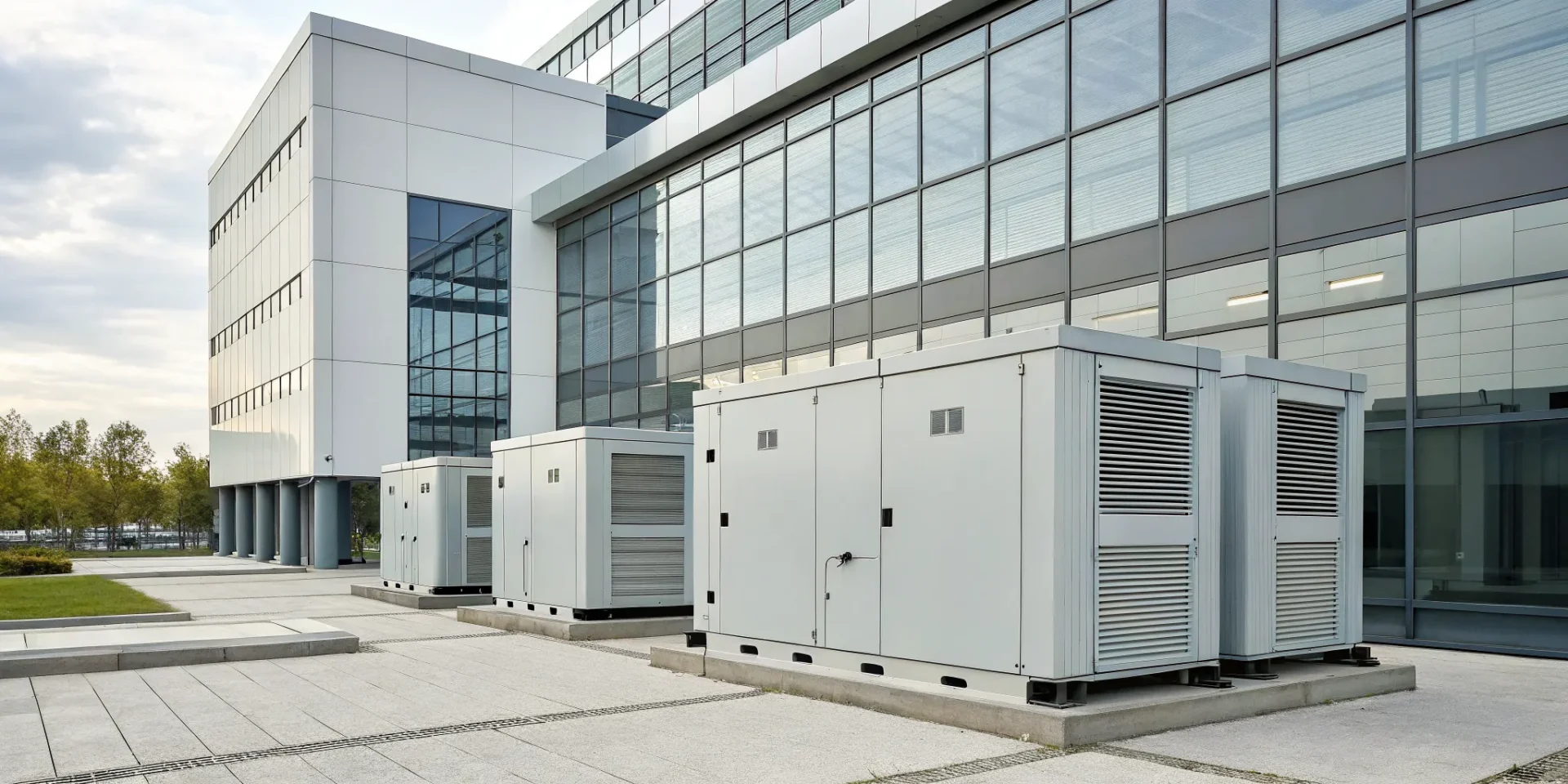 Industrial gas generators outside a modern commercial building for standby power.