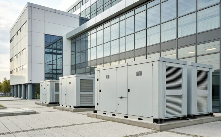 Industrial gas generators outside a modern commercial building for standby power.