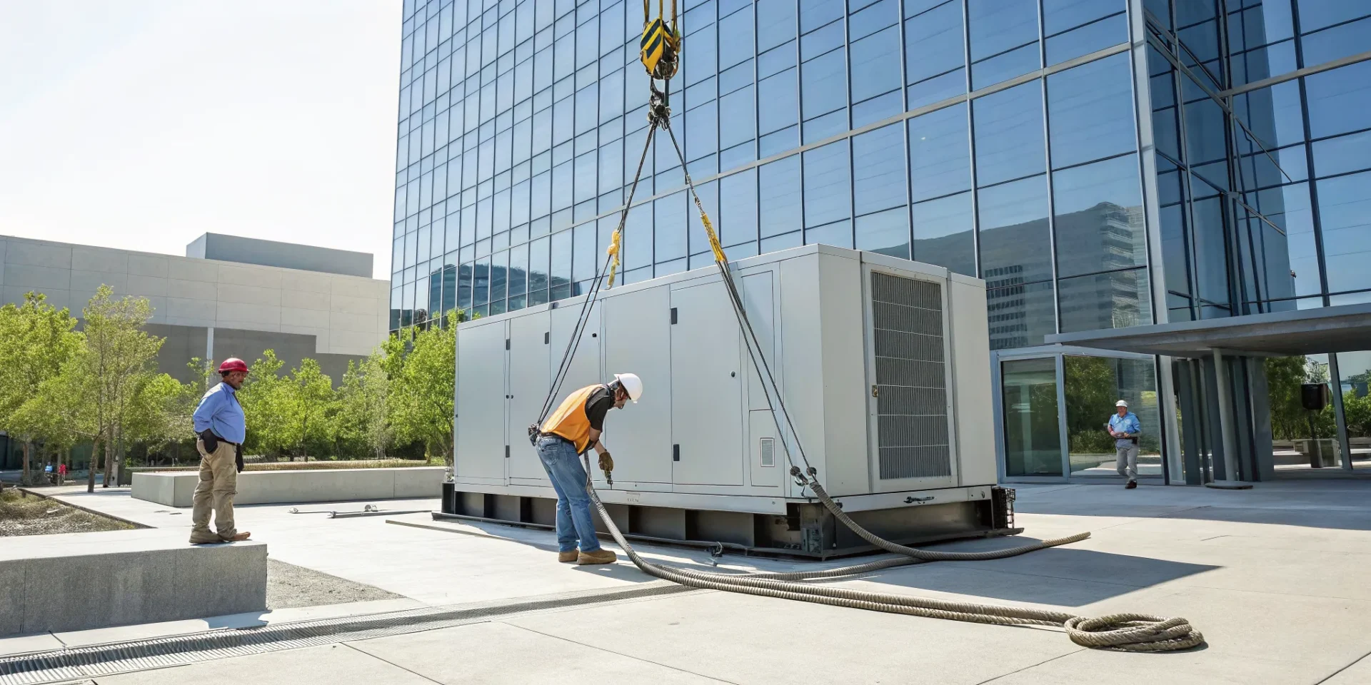 Workers performing a commercial generator installation outside of a modern business.