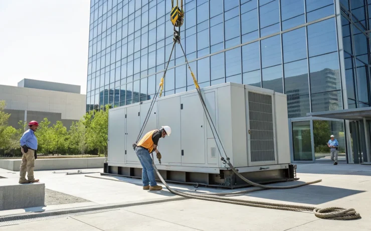 Workers performing a commercial generator installation outside of a modern business.
