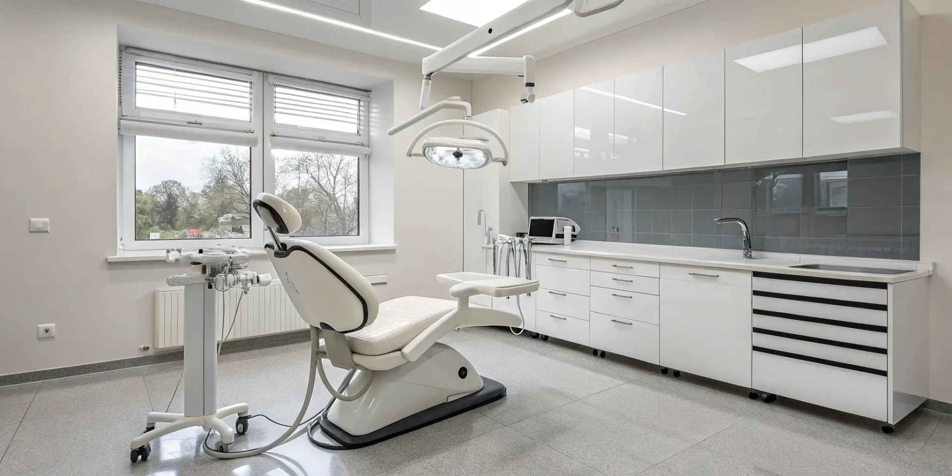 Dental office with hospital-grade electrical outlets and power for a modern patient chair.