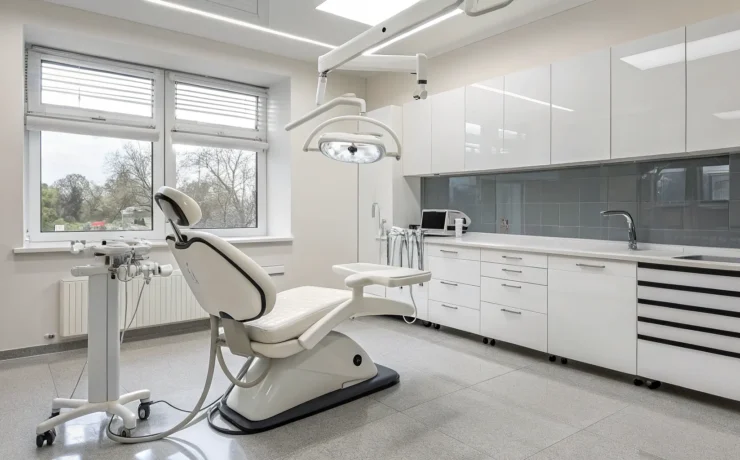 Dental office with hospital-grade electrical outlets and power for a modern patient chair.