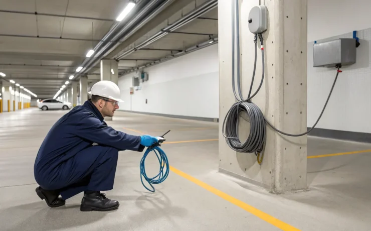 Electrician inspecting a circuit for level 2 charger installation requirements.