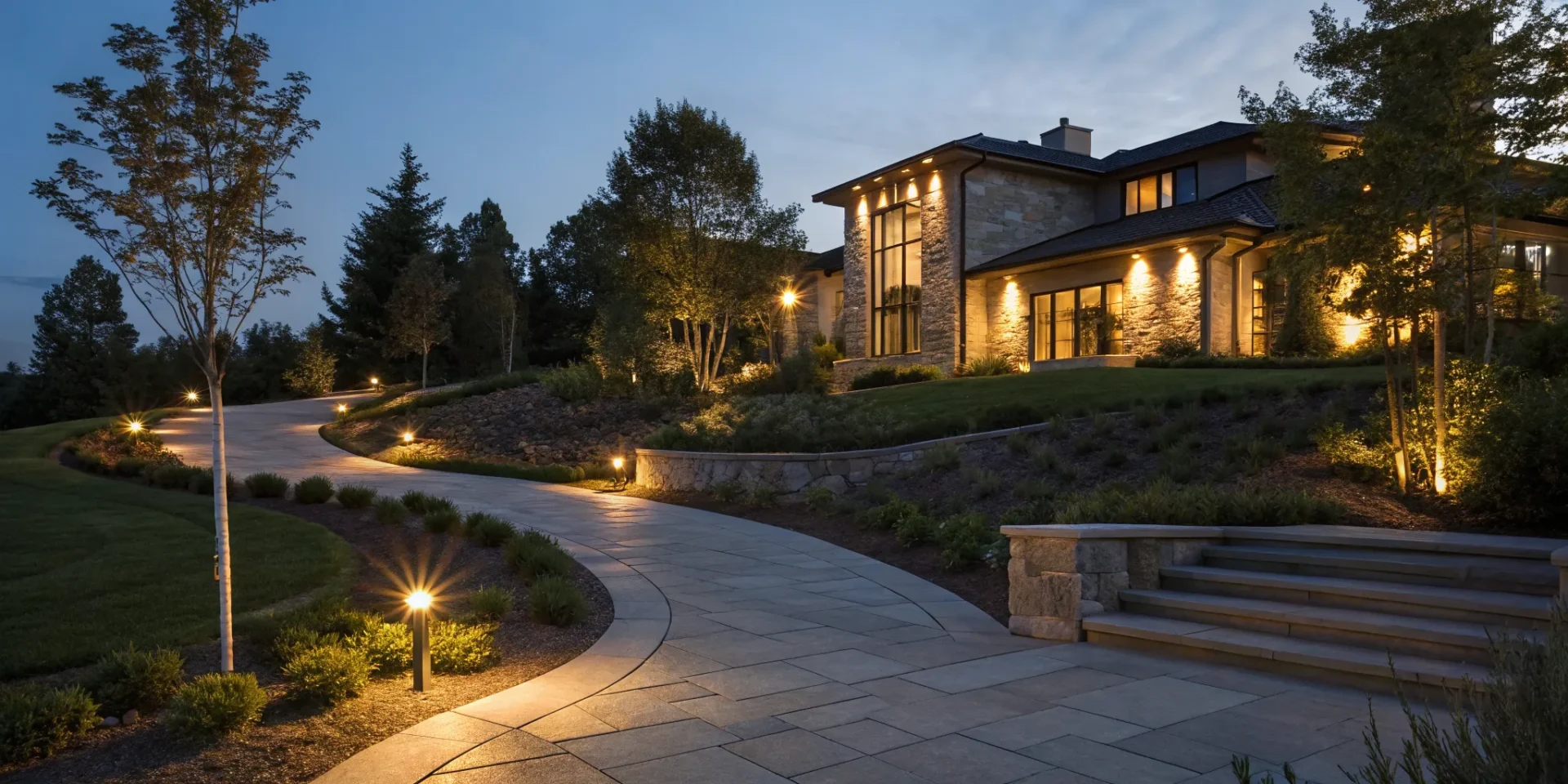 Modern home with landscape lighting design services illuminating its pathway and garden.