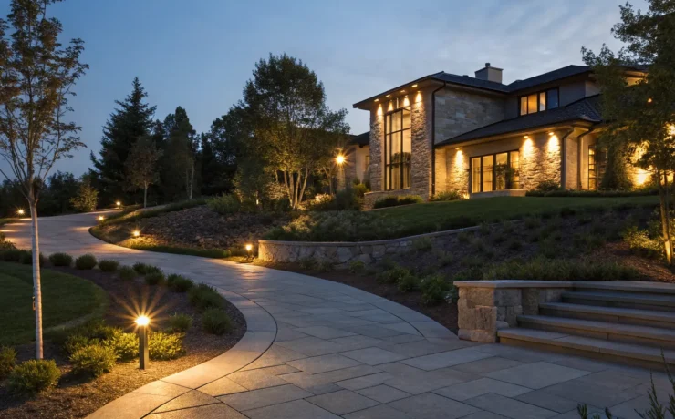 Modern home with landscape lighting design services illuminating its pathway and garden.
