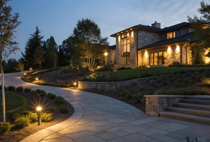 Modern home with landscape lighting design services illuminating its pathway and garden.