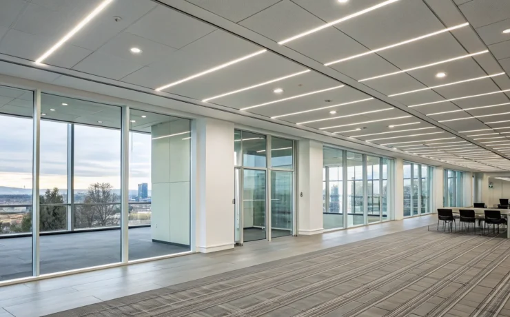 Commercial lighting fixtures in a modern office meeting room.