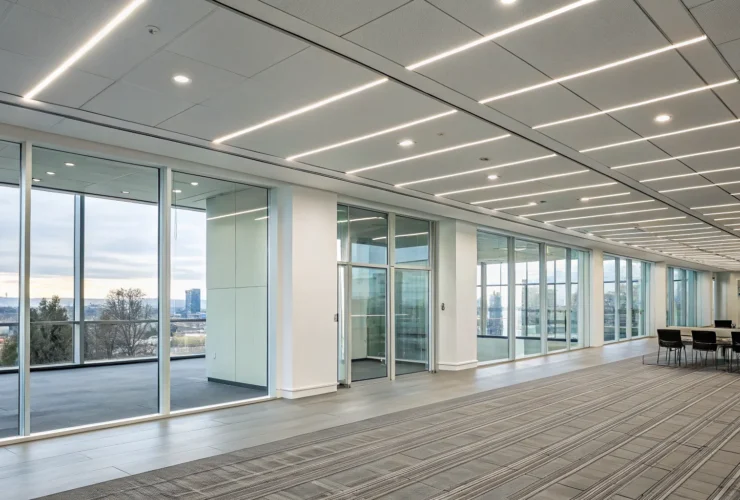 Commercial lighting fixtures in a modern office meeting room.