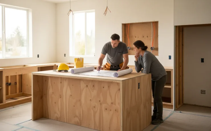 Electrician and homeowner reviewing electrical planning for kitchen remodels