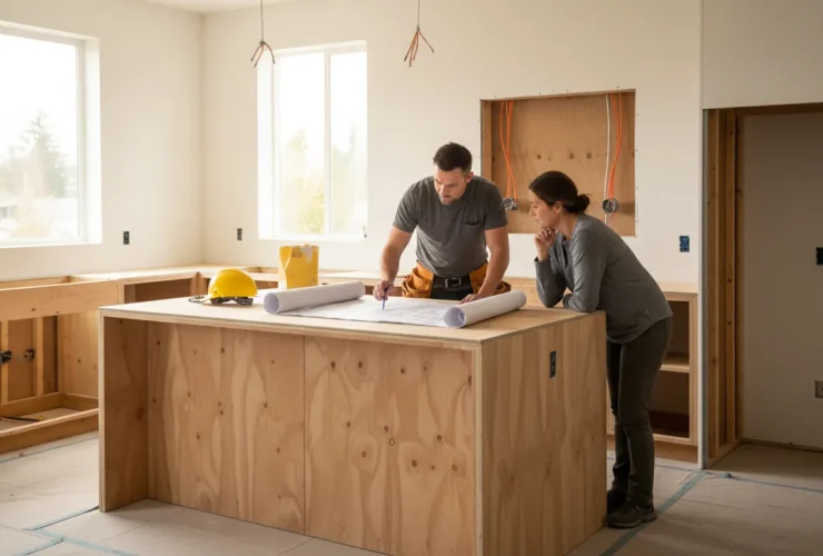 Electrician and homeowner reviewing electrical planning for kitchen remodels