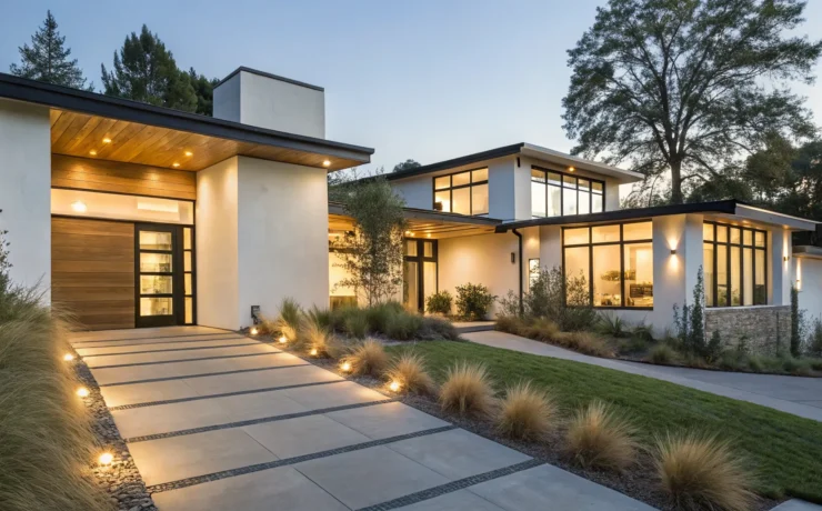 Custom outdoor lighting illuminates the walkway and landscaping of a modern home at dusk.