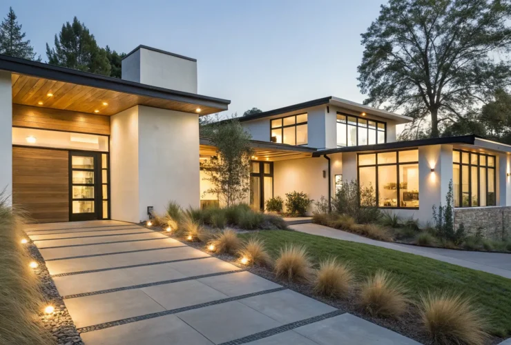 Custom outdoor lighting illuminates the walkway and landscaping of a modern home at dusk.