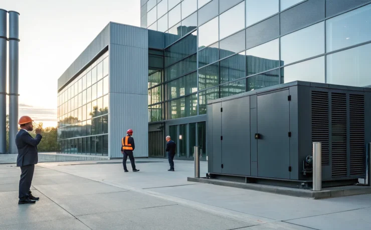 Commercial backup generator being inspected by engineers for a building installation.