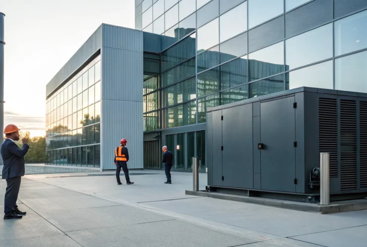 Commercial backup generator being inspected by engineers for a building installation.