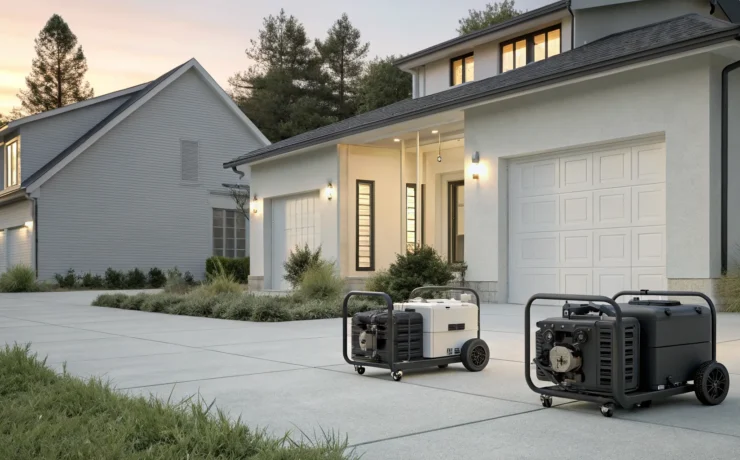 Two portable generators on a driveway, ready to provide backup power for a house.
