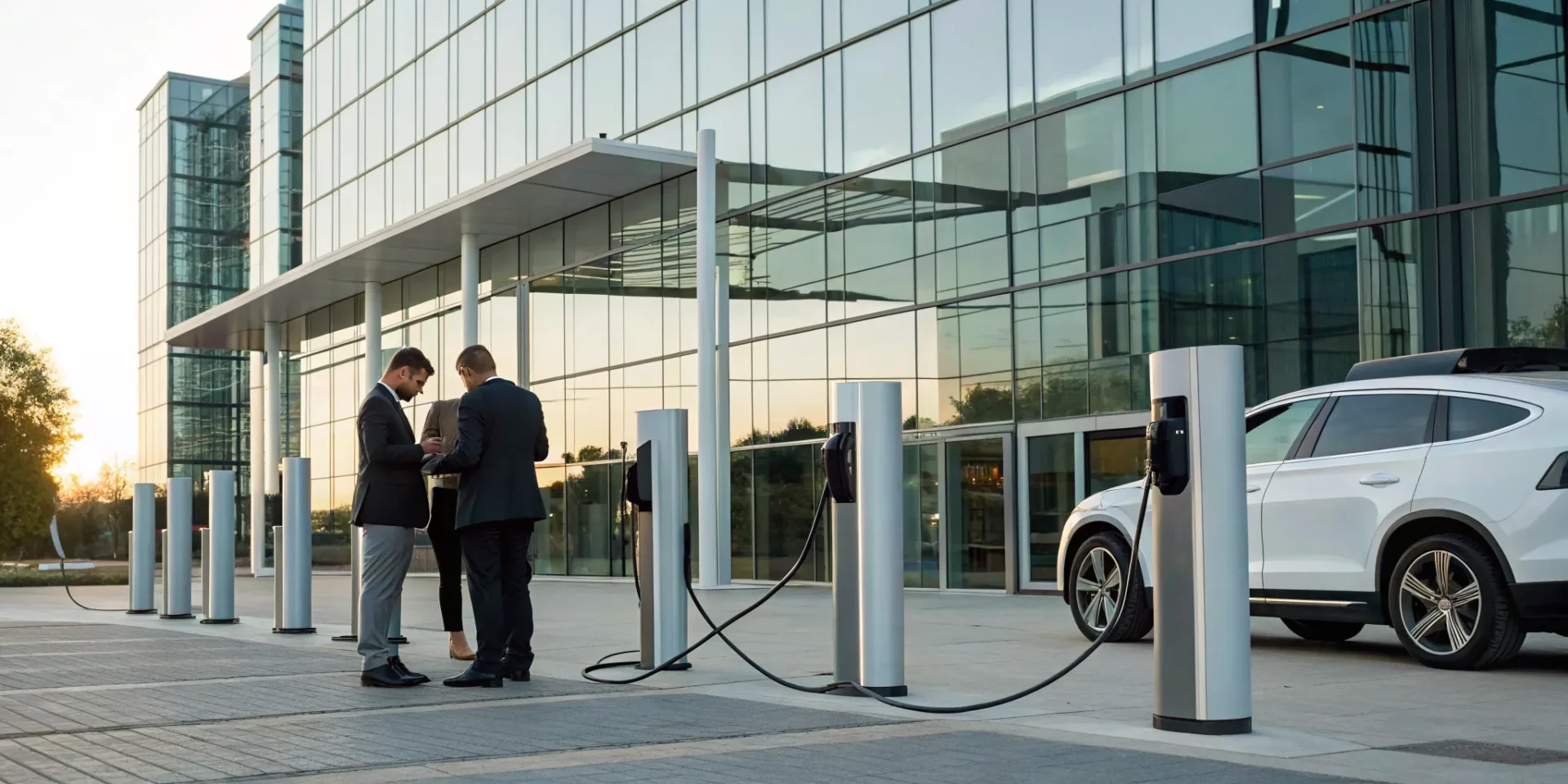 Professionals stand by a commercial EV charging station for sale at an office building.