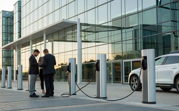 Professionals stand by a commercial EV charging station for sale at an office building.