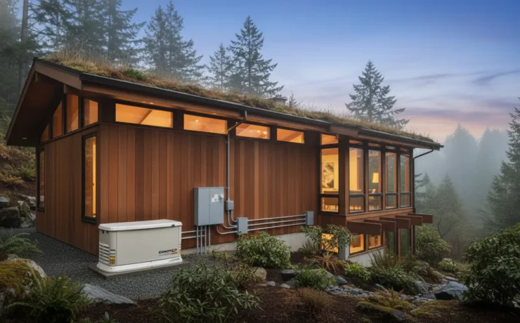 Whole-home generator and automatic transfer switch installed beside a Pacific Northwest home