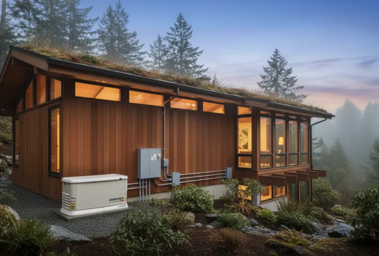 Whole-home generator and automatic transfer switch installed beside a Pacific Northwest home