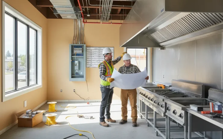 Electrician reviews restaurant electrical requirements in a commercial kitchen build