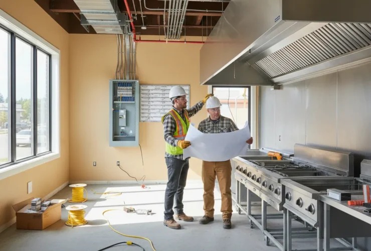 Electrician reviews restaurant electrical requirements in a commercial kitchen build