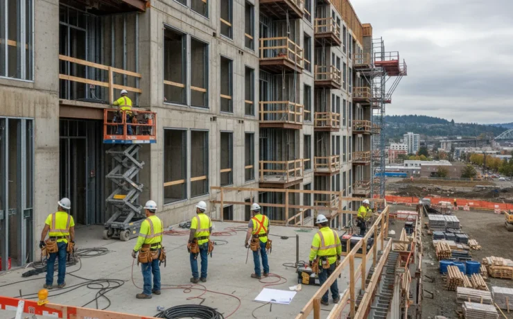 Modern apartment building under construction with electrical contractor team working on infrastructure