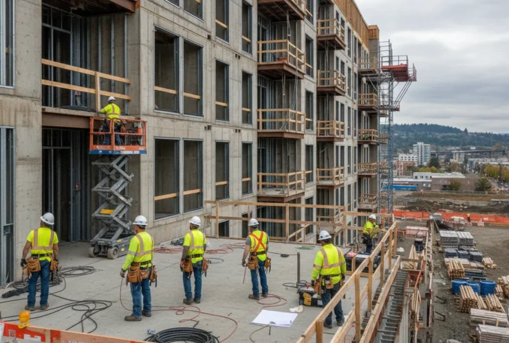 Modern apartment building under construction with electrical contractor team working on infrastructure