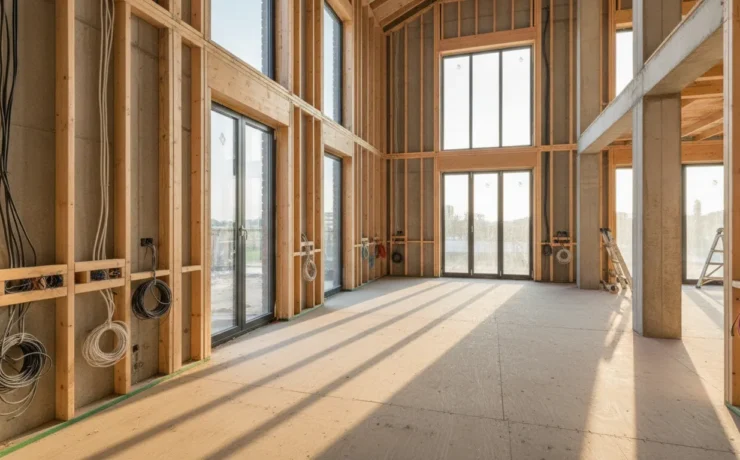 An airy, modern custom home interior under construction in Lake Oswego showing electrical rough-in framing