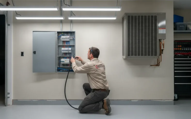 Professional electrician installing a modern electrical panel for central air conditioning