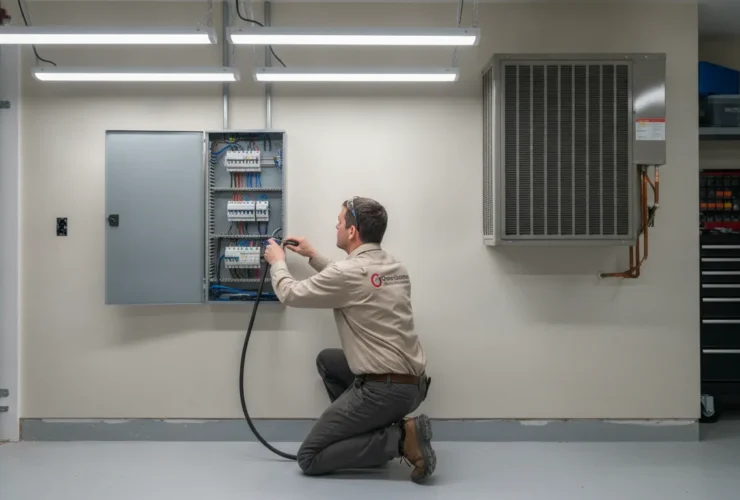 Professional electrician installing a modern electrical panel for central air conditioning