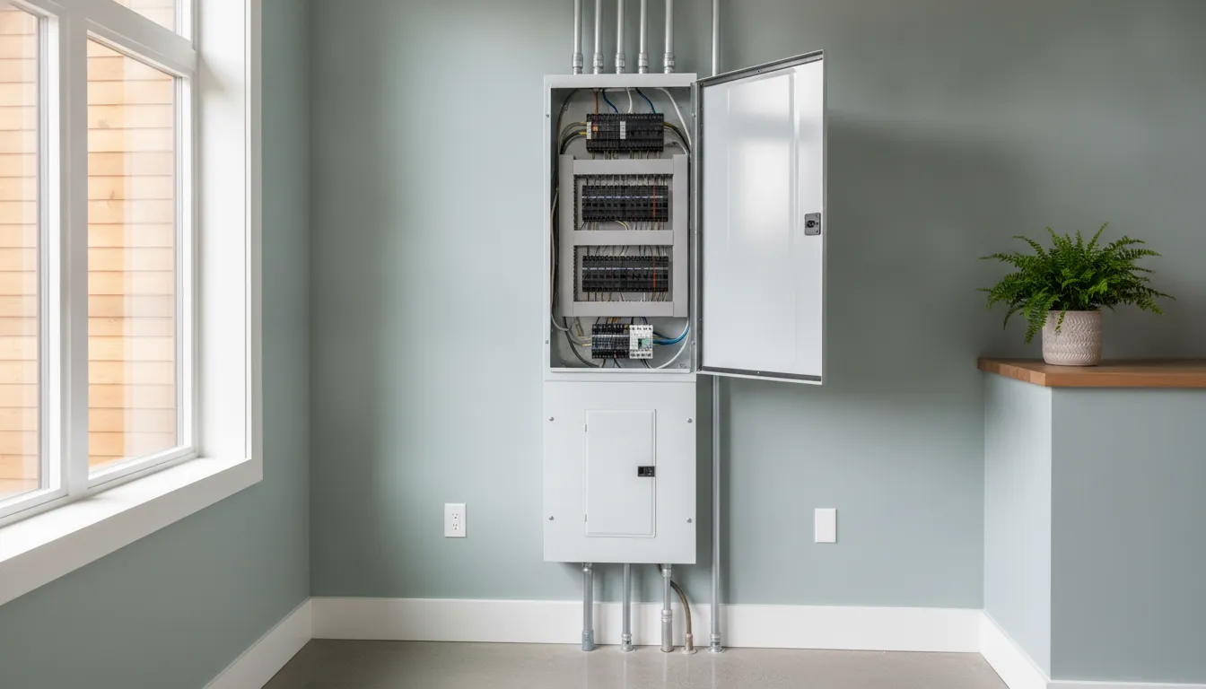 Professional electrician installing a modern electrical panel in an Oregon home