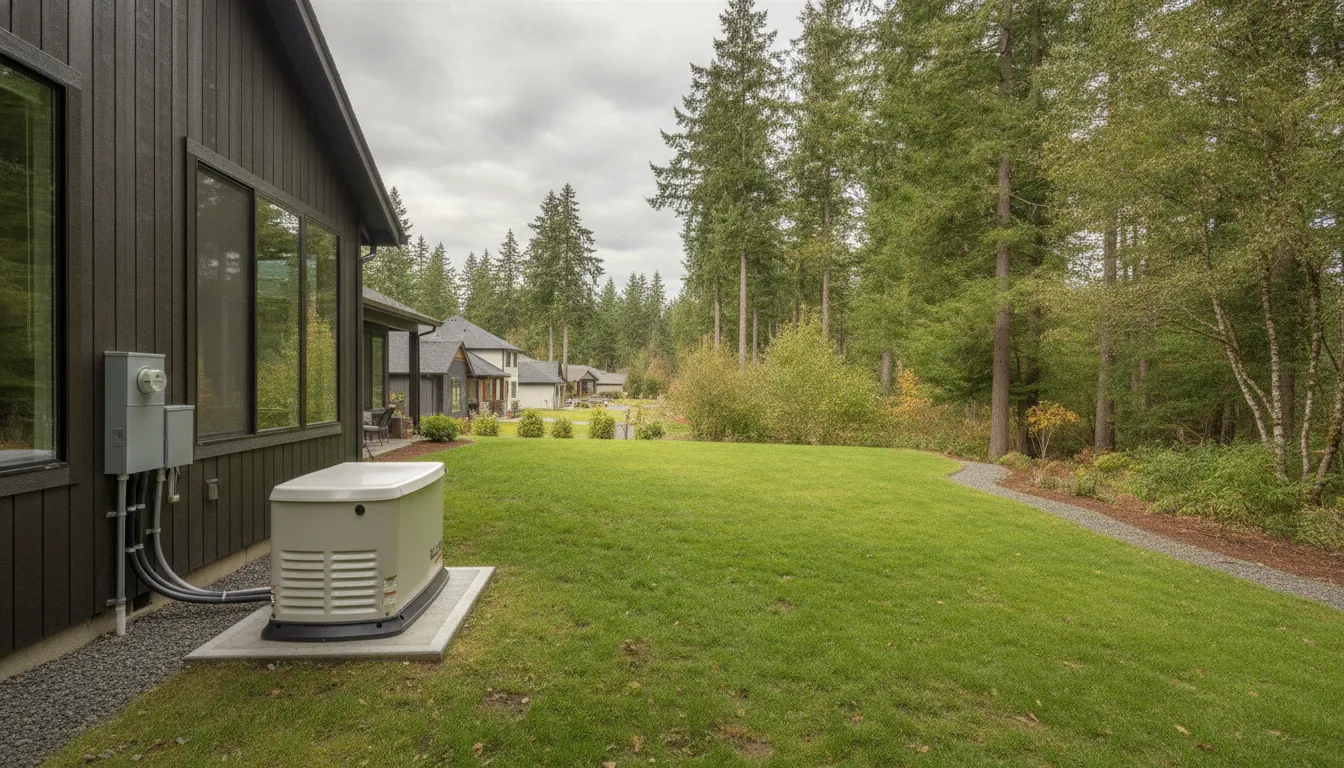 Standby generator installed on a concrete pad beside an Oregon home