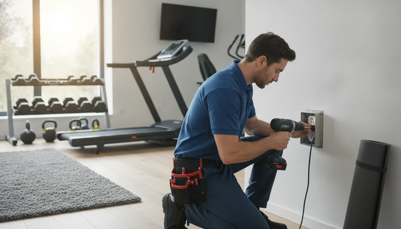 Licensed electrician installing a dedicated electrical outlet in a home gym with exercise equipment in the background