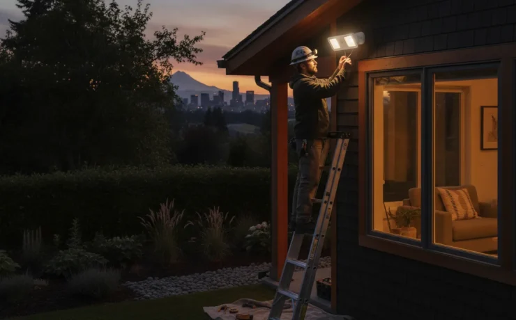 Professional electrician installing a motion-activated security floodlight on a Portland home exterior at dusk