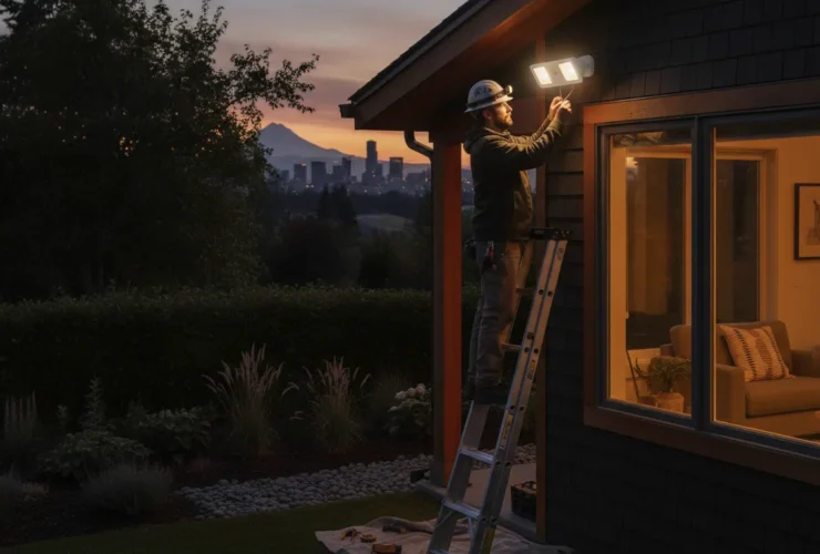 Professional electrician installing a motion-activated security floodlight on a Portland home exterior at dusk